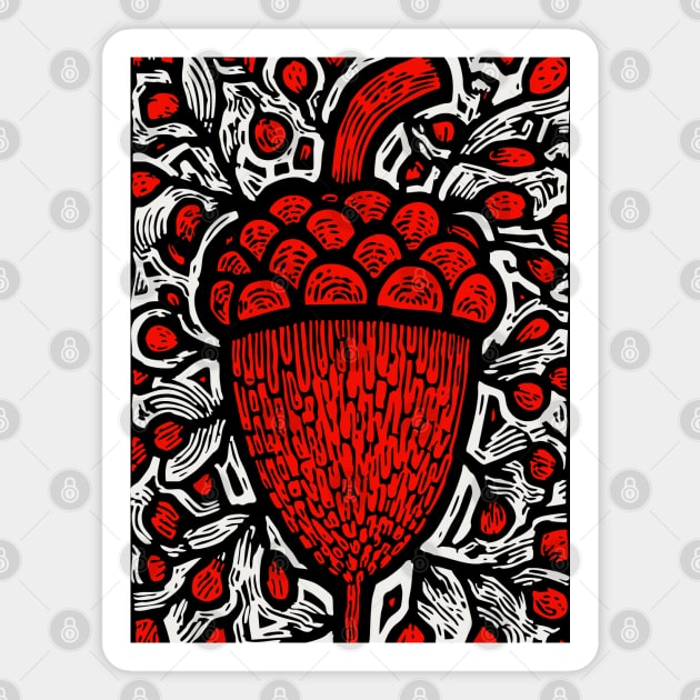 Folk Art Acorn Linocut for Autumn & Woodland Nursery Decor Magnet by TuncGK